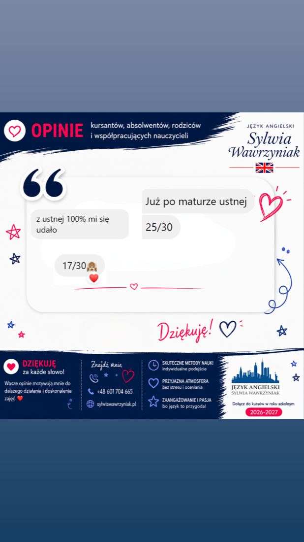 Wiadomość kursantki o wynikach matury: 100% z matury ustnej i 25 na 30 punktów