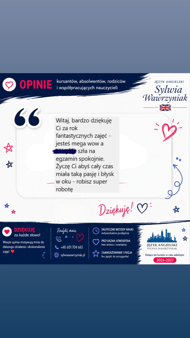 Podziękowanie rodzica za fantastyczne zajęcia i spokojne przygotowanie do egzaminu